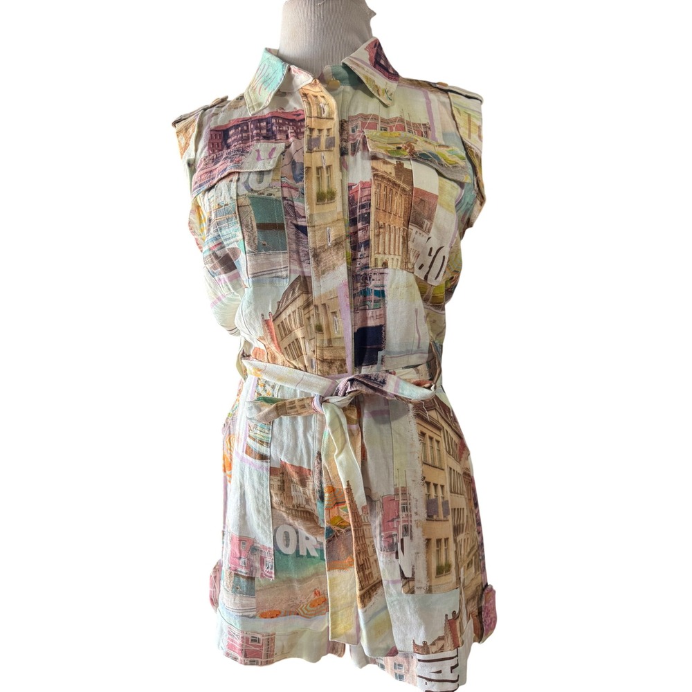 Rachel Zoe Romper Womens 4 Postcard Print Linen Blend Sleeveless Tie Waist Boho
